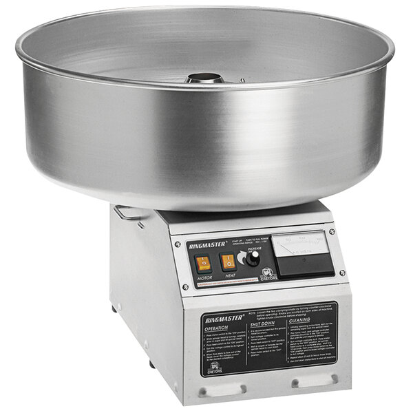 A Cretors Ringmaster cotton candy machine with a bowl on it.