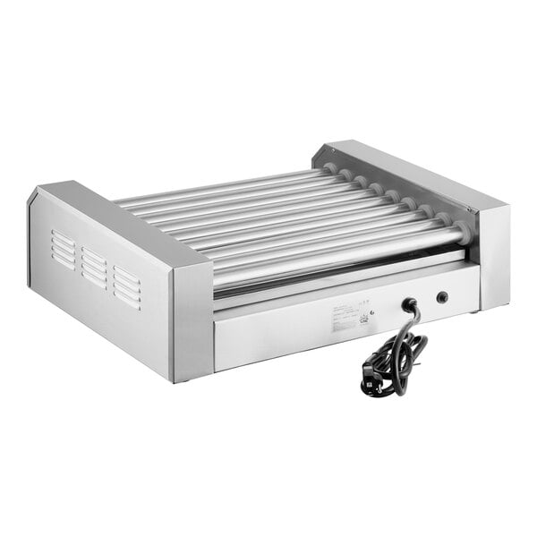 A stainless steel Carnival King hot dog roller machine with a cord.