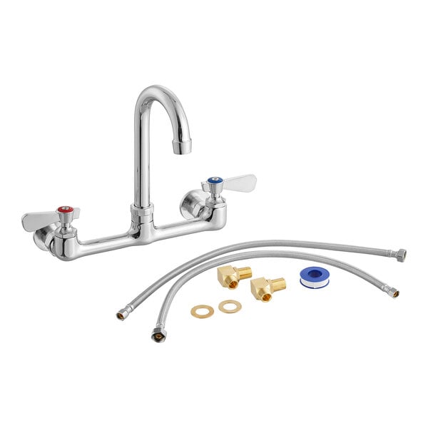 A Regency wall mount kitchen faucet with two handles and a 3 1/2" swivel gooseneck spout.