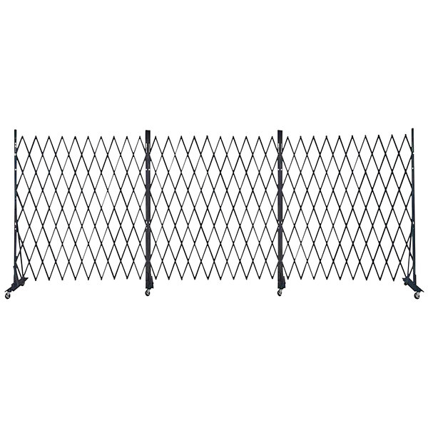 A black metal Versare Lock-N-Block collapsible security gate with wheels.