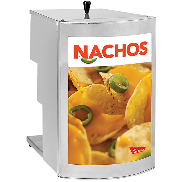 A Cretors nacho cheese pump on a counter with a sign that says nachos.