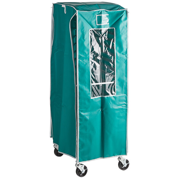 A green vinyl Curtron bun pan rack cover with a clear window.