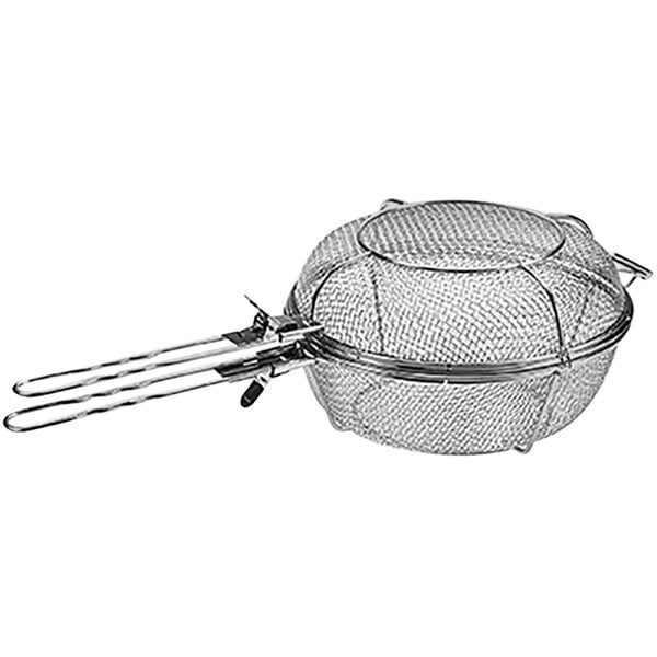 A stainless steel Outset grill basket with removable handles.