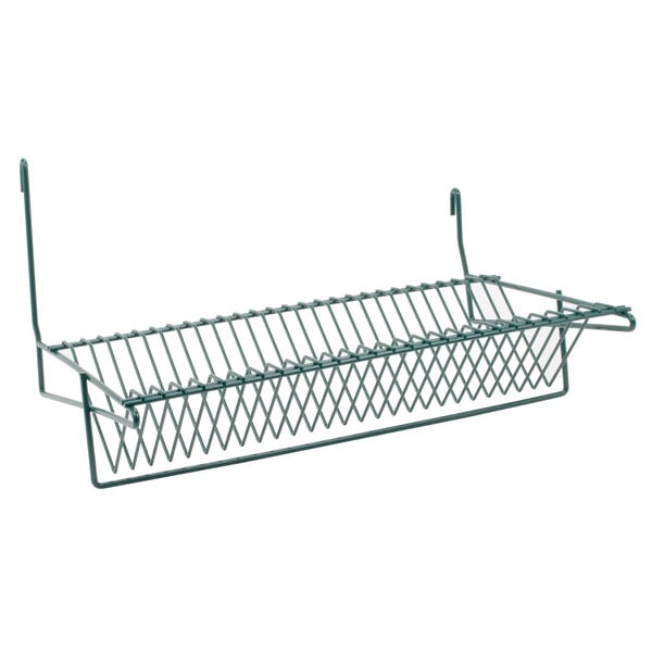 A Metroseal 3 green metal slanted wire rack.