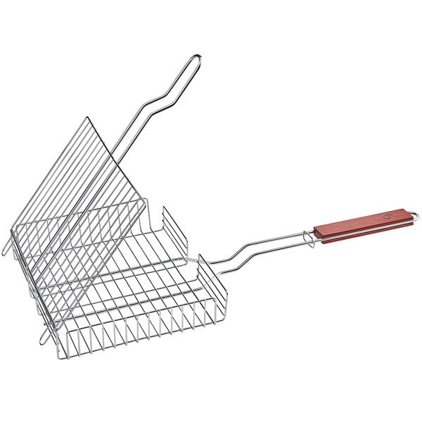 An Outset chrome wire grill basket with a wooden handle.