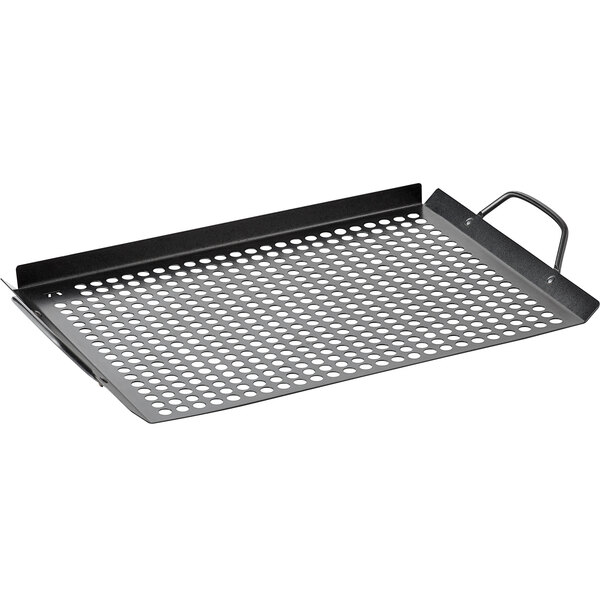 An Outset non-stick black grill tray with holes.
