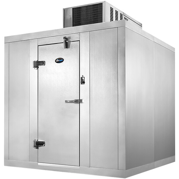 An Amerikooler walk-in cooler with a white metal door open.