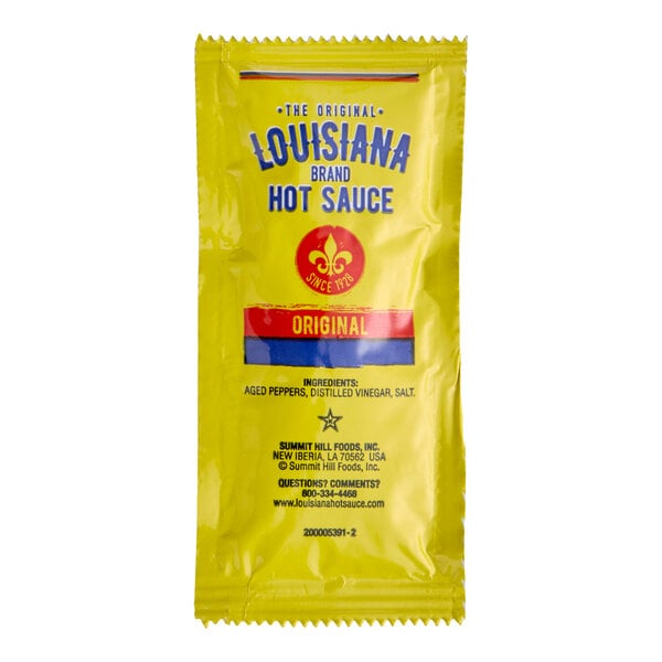 A single-serve packet of The Original Louisiana Brand Hot Sauce.