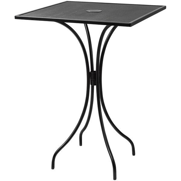 A BFM Seating black steel mesh bar height table with a square top.