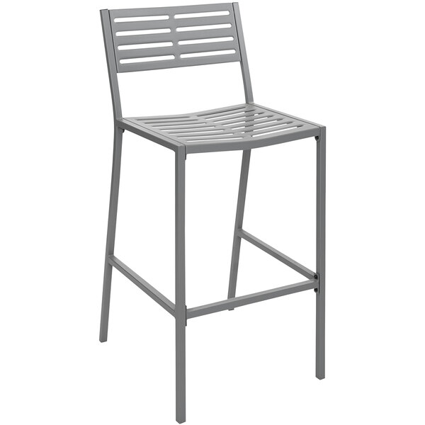 A BFM Seating Daytona soft gray powder-coated steel bar stool with a backrest.