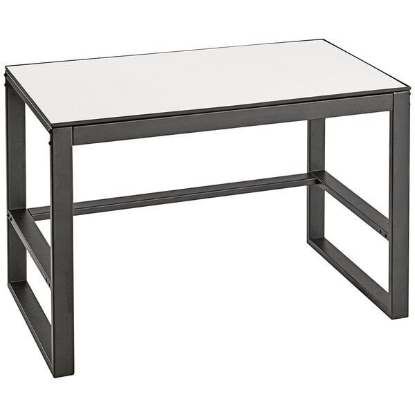 A white table with metal legs.