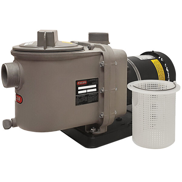 A grey Pacer Pumps self-priming centrifugal pump with a plastic strain basket.