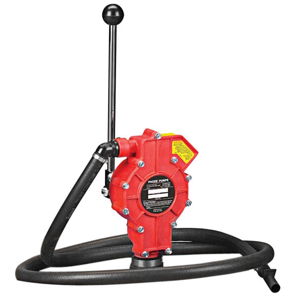 A close-up of a red Pacer Pumps hand dispensing pump with black hoses.
