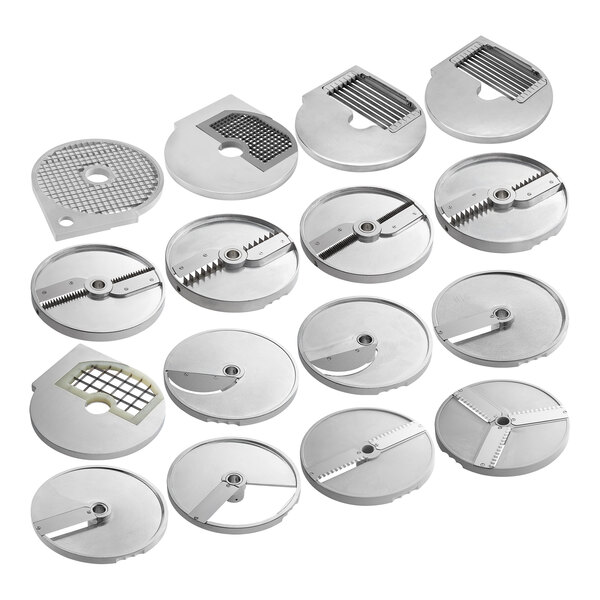 AvaMix 16 piece disc set for food processors on a white background.