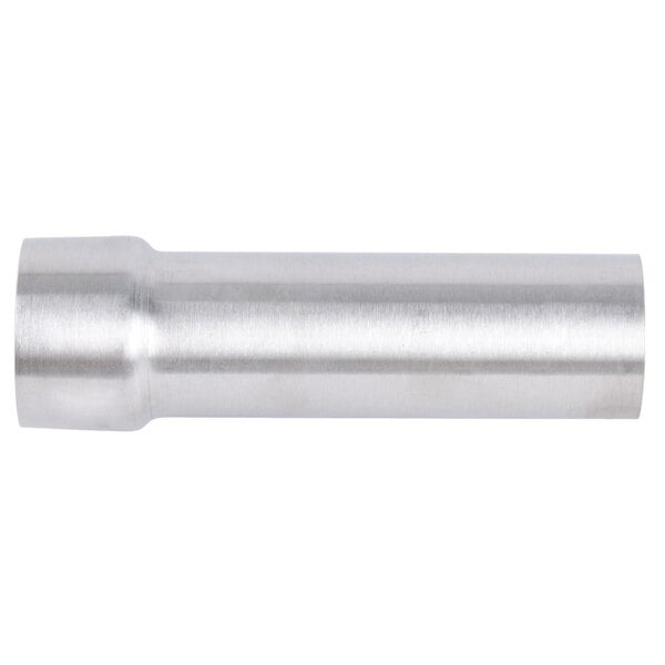 A close-up of a silver metal pipe with a white background.