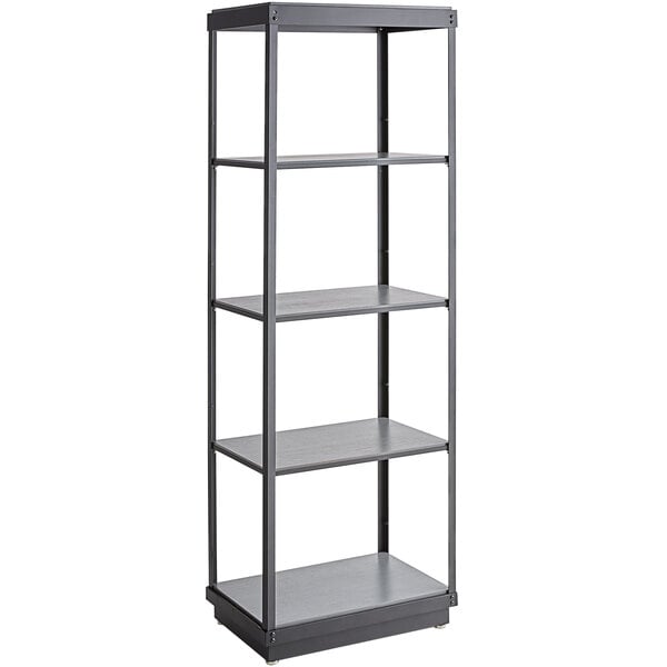 A gray wood shelving unit with five shelves on a black metal frame.