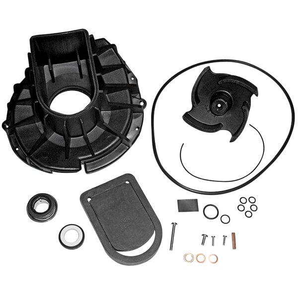 A Pacer Pumps rebuild kit for a water pump with black rubber and plastic parts including rings and a plastic piece.