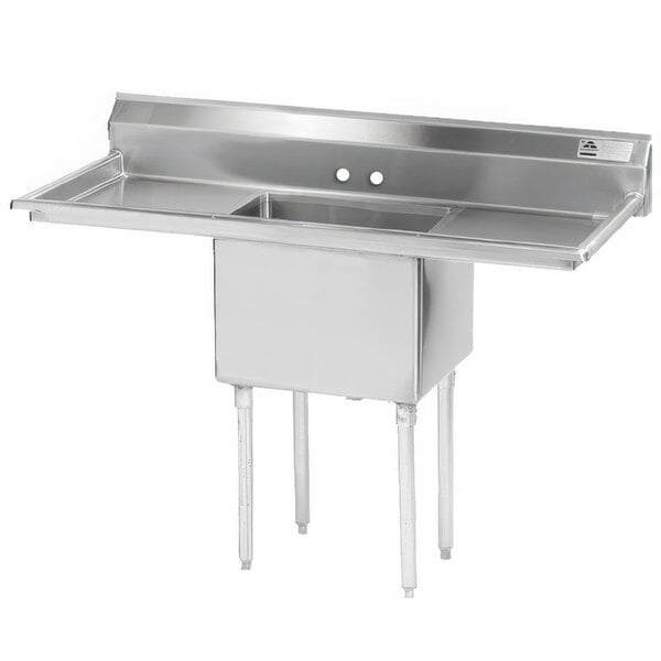 An Advance Tabco stainless steel single bowl sink with two drainboards.