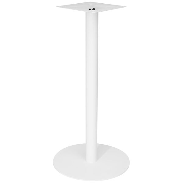 A white metal BFM Seating Uptown table base with a white pole and round top.