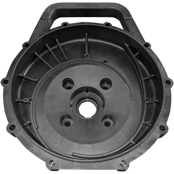 A black plastic circular PET pump bracket with a hole in the center.