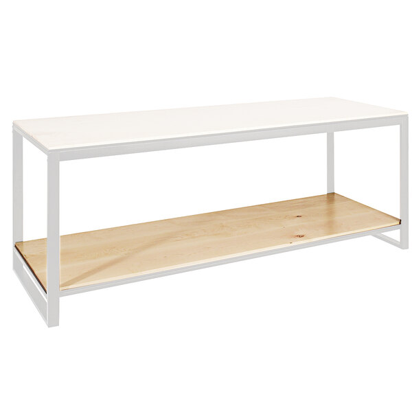 a white table with a wooden shelf