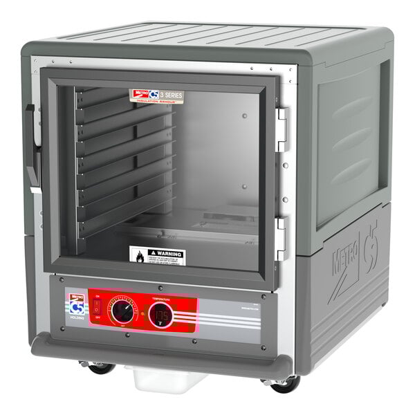 A grey Metro holding cabinet with a clear glass door.