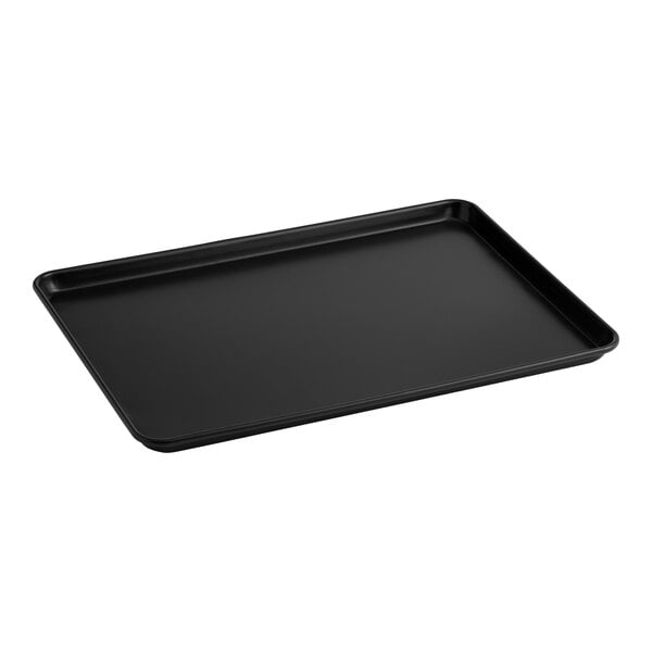 A full size black non-stick aluminum sheet pan with a wire-reinforced rim.