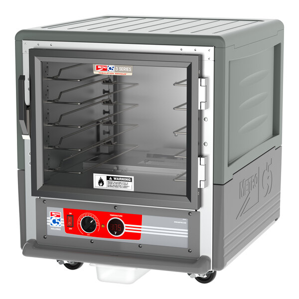 A grey Metro C5 3 Series heated holding cabinet with a clear glass door.