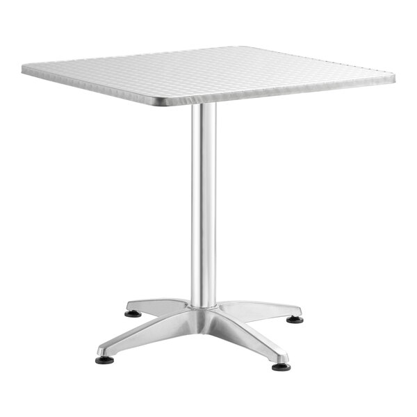 A Lancaster Table & Seating chrome square table with a metal base.