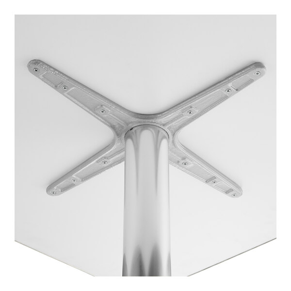 A Lancaster Table & Seating chrome square table top with a metal pole.
