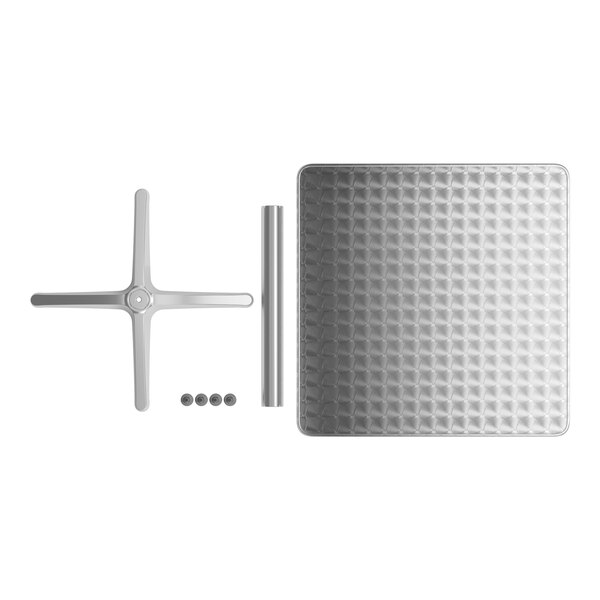 A silver square outdoor table top with a metal cross and screws.