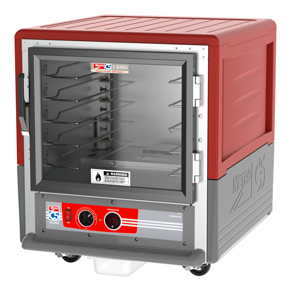 A red Metro C5 3 Series undercounter heated holding cabinet with a clear glass door and grey interior.