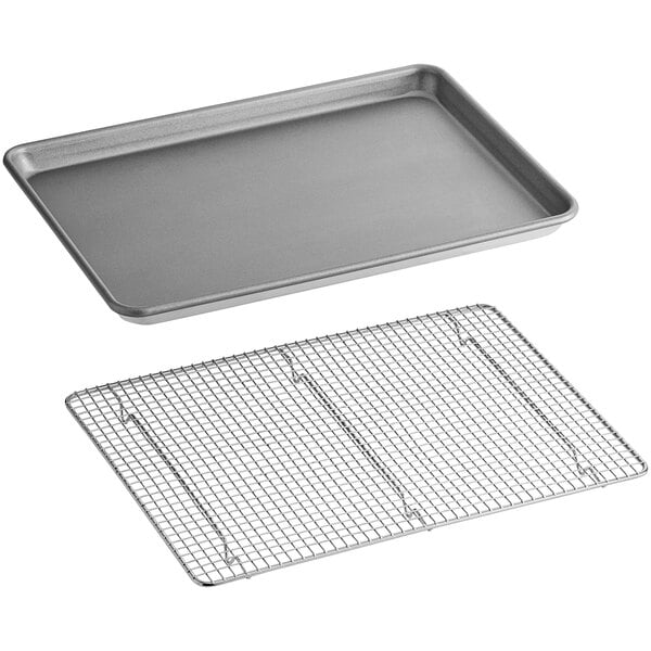 A Baker's Mark aluminum sheet pan with a wire rack on a tray.