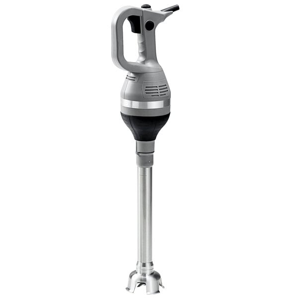 A silver and black Sirman Ciclone hand held blender.