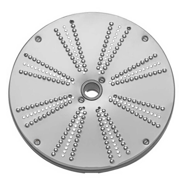 A circular stainless steel disc with holes.