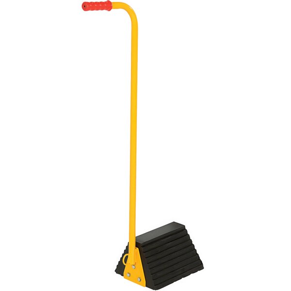 A black and yellow rubber wheel chock with a yellow handle.