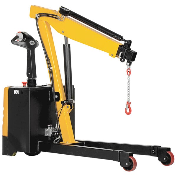A yellow and black Vestil electric floor crane with a chain attached.