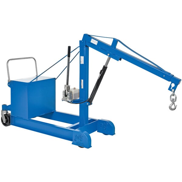 A blue Vestil mobile floor crane with a metal box attached to the hook.