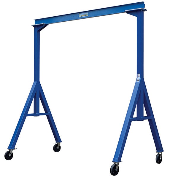 A blue steel Vestil gantry with wheels.