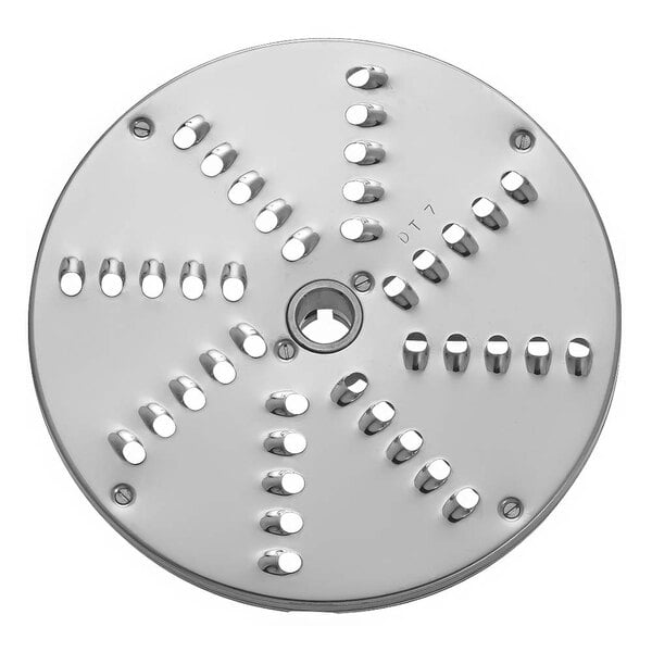 A circular metal Sirman grating / shredding disc with holes.