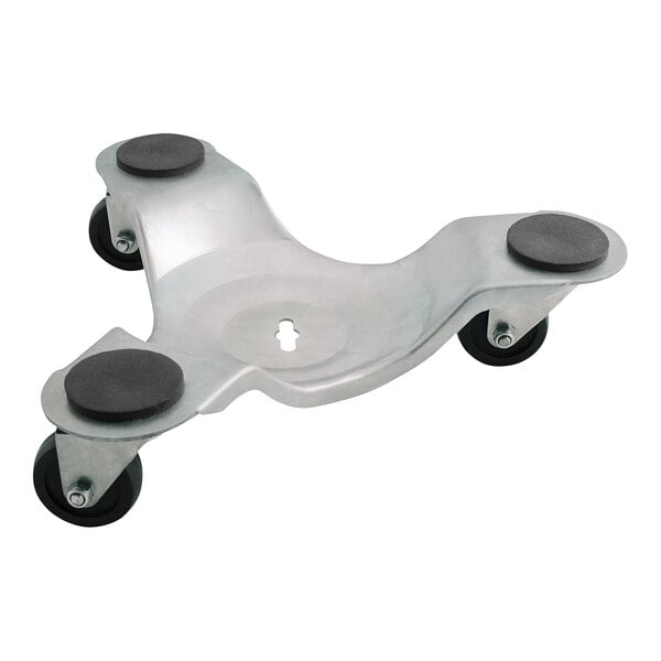 A metal object with black rubber wheels.