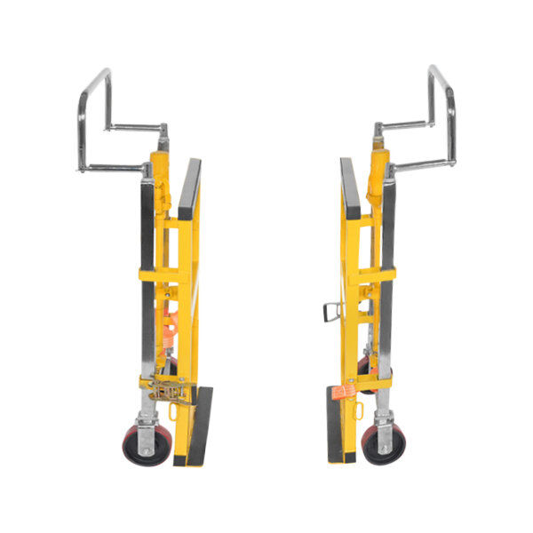 A yellow and black Vestil machinery transporter with straps and casters.