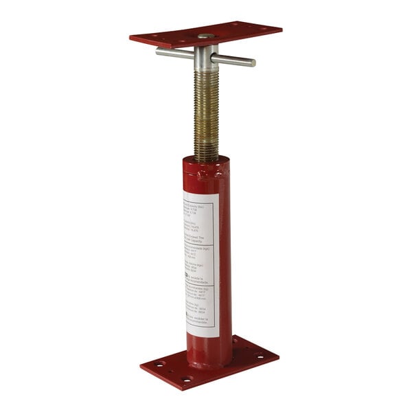 A red metal Vestil telescoping cylinder with a metal base and gold nut.