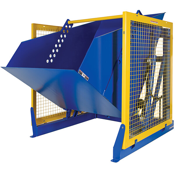 A blue and yellow Vestil electric hydraulic box dumper.