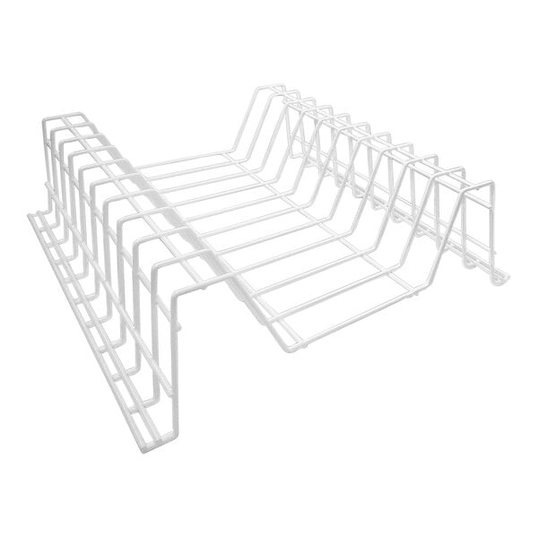 A white metal wire rack with multiple vertical dividers, designed to hold and organize flat items.