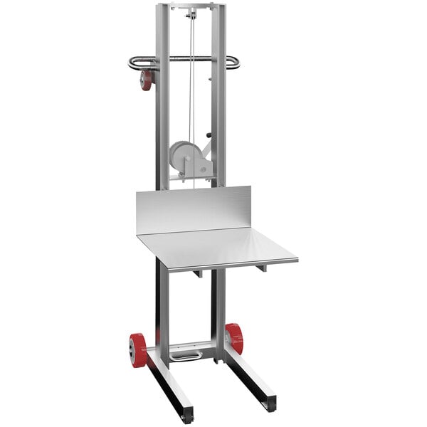 An aluminum Vestil lift with a red platform.