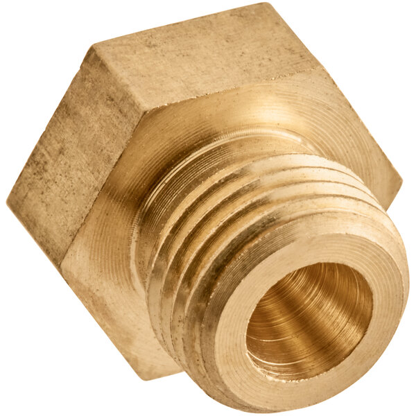 A brass threaded nut for a Cooking Performance Group liquid propane fryer.