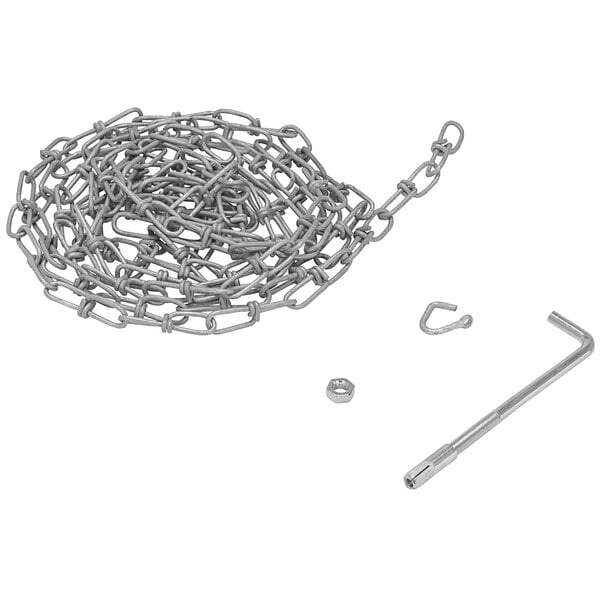 A silver Vestil double loop security chain with a metal hook.