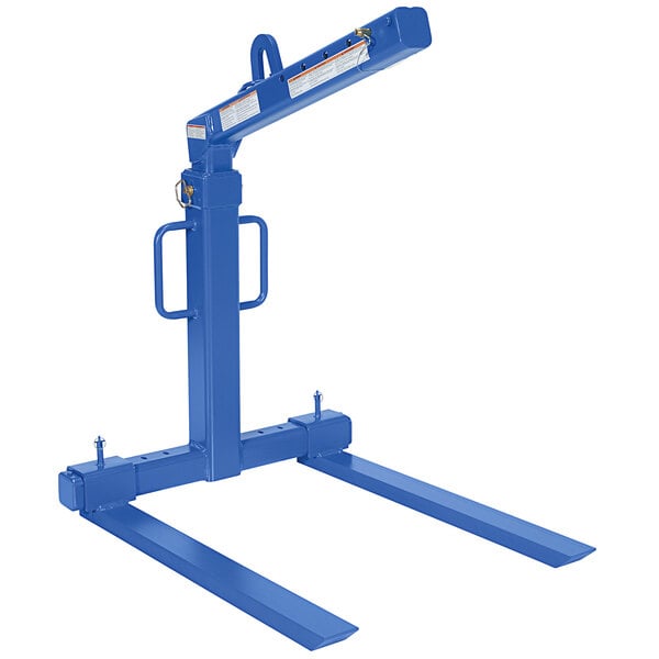 A blue Vestil overhead load lifter with adjustable forks on a metal stand.