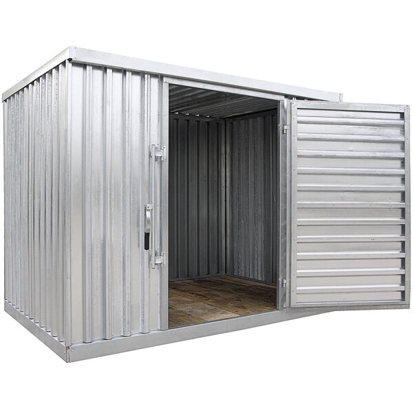 A Vestil galvanized steel storage building with an open door.